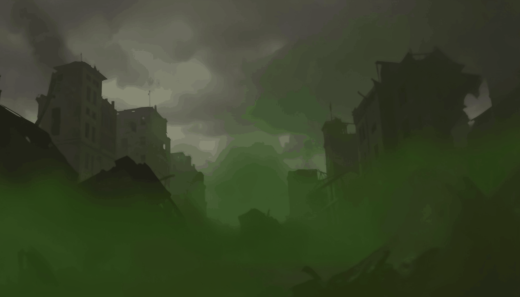 Dark zombie-war scene with muted olive and charcoal tones, ruined urban backdrop under a grim overcast sky