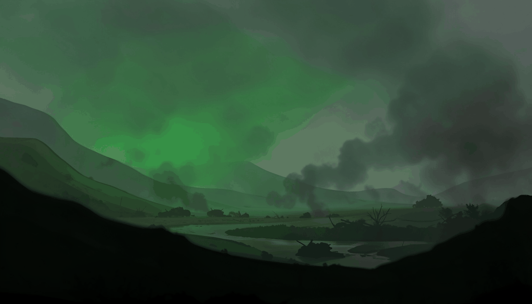 Dark atmospheric battlefield with muted green and gray tones, smoke drifting across a desolate landscape, evoking a post-apocalyptic war zone
